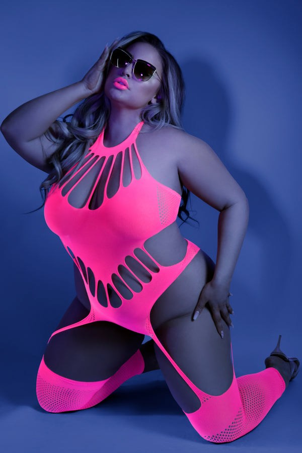Enchanted Nights: 'No Promises' Neon Pink Footless Teddy Bodystocking